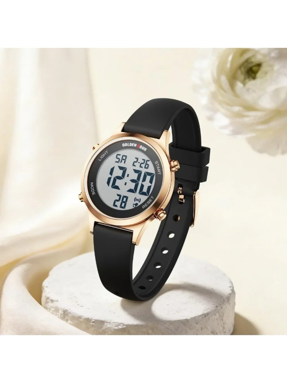 Waterproof Women's Digital Sports Watch - Silicone Strap, Alarm, Stopwatch, Rose